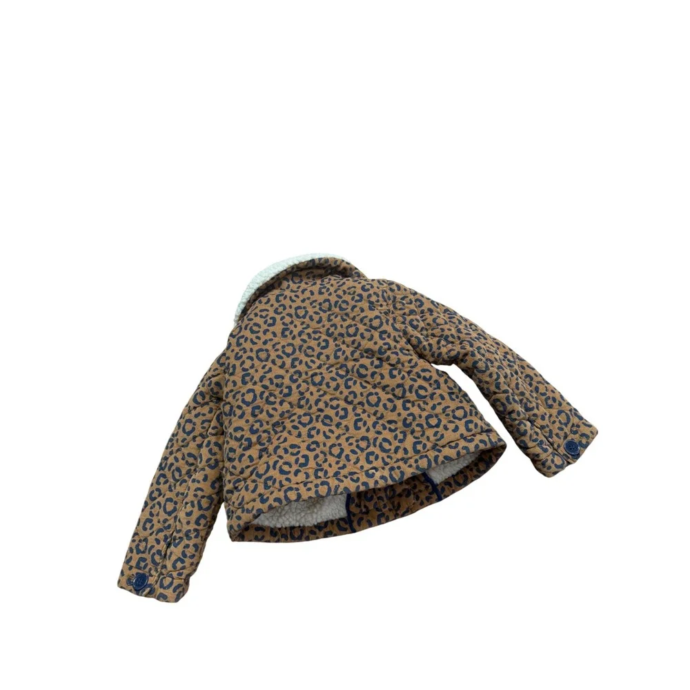 Mini Boden Girls Leopard Print Corduroy‎ Quilted Jacket Sherpa Lining Tan 2-3Y